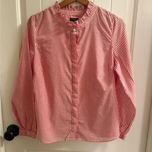 Talbots Red and White Striped Blouse with Ruffle Collar and Pearl Button